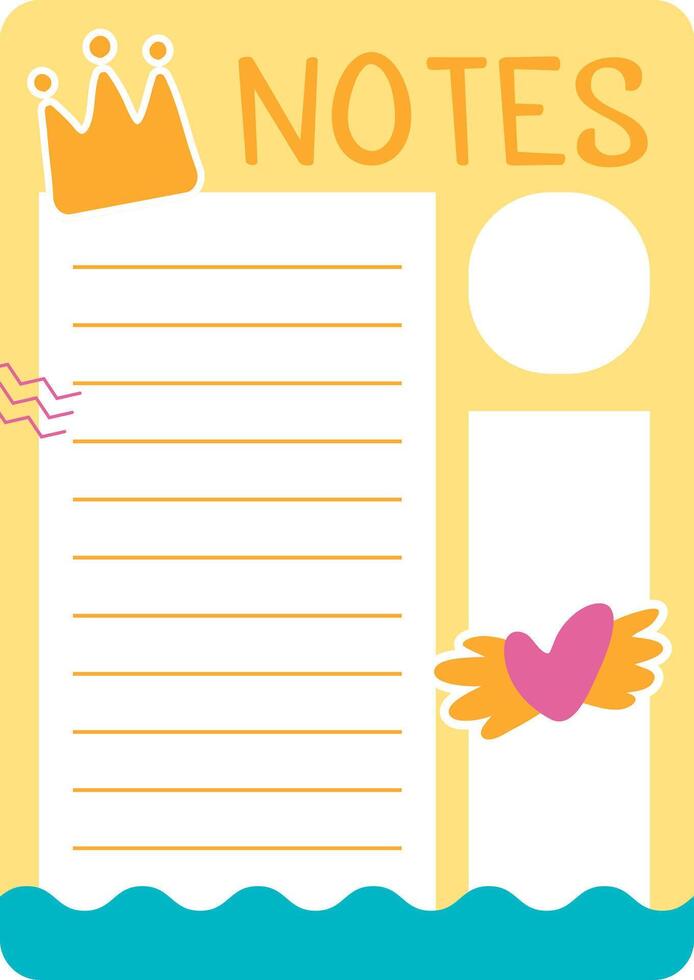 Notes template page featuring a crown, heart with wings, and abstract wave decorations, designed for printing and versatile use in various creative projects vector