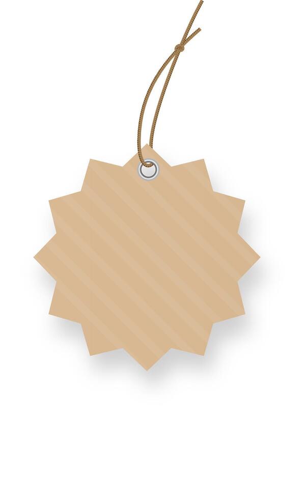Blank star shaped cardboard price tag with stripes hanging from string with knot and metallic eyelet, isolated on white background with soft shadow vector