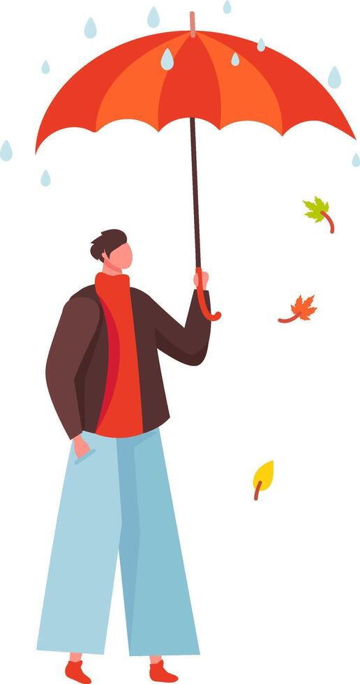 Young man holding an orange umbrella, sheltering from rain during autumn, surrounded by colorful falling leaves, embodying weather protection and safety in a chilly outdoor setting vector