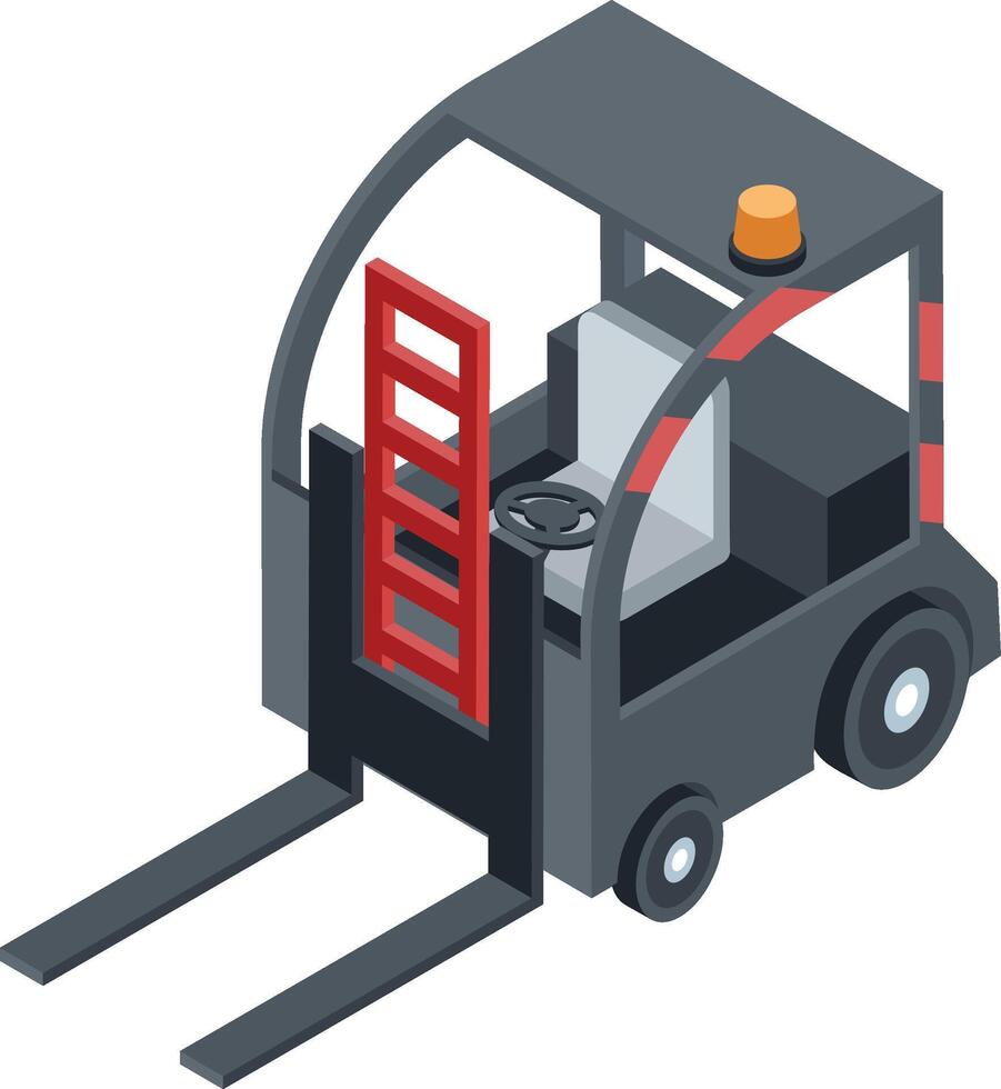 Isometric forklift truck equipped with a flashing light and ladder, positioned for lifting cargo within a warehouse, exemplifying logistics and delivery operations vector