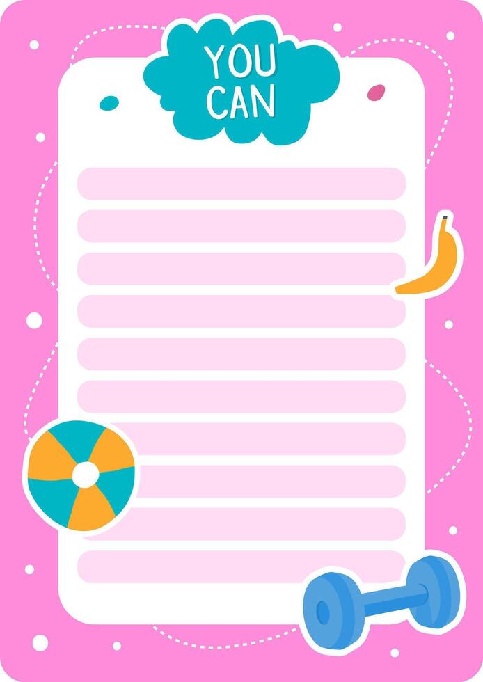 Pink summer to do list featuring a banana, beach ball, and dumbbell, inspiring motivation with an uplifting you can message at the top, ready for organizing activities and goals vector