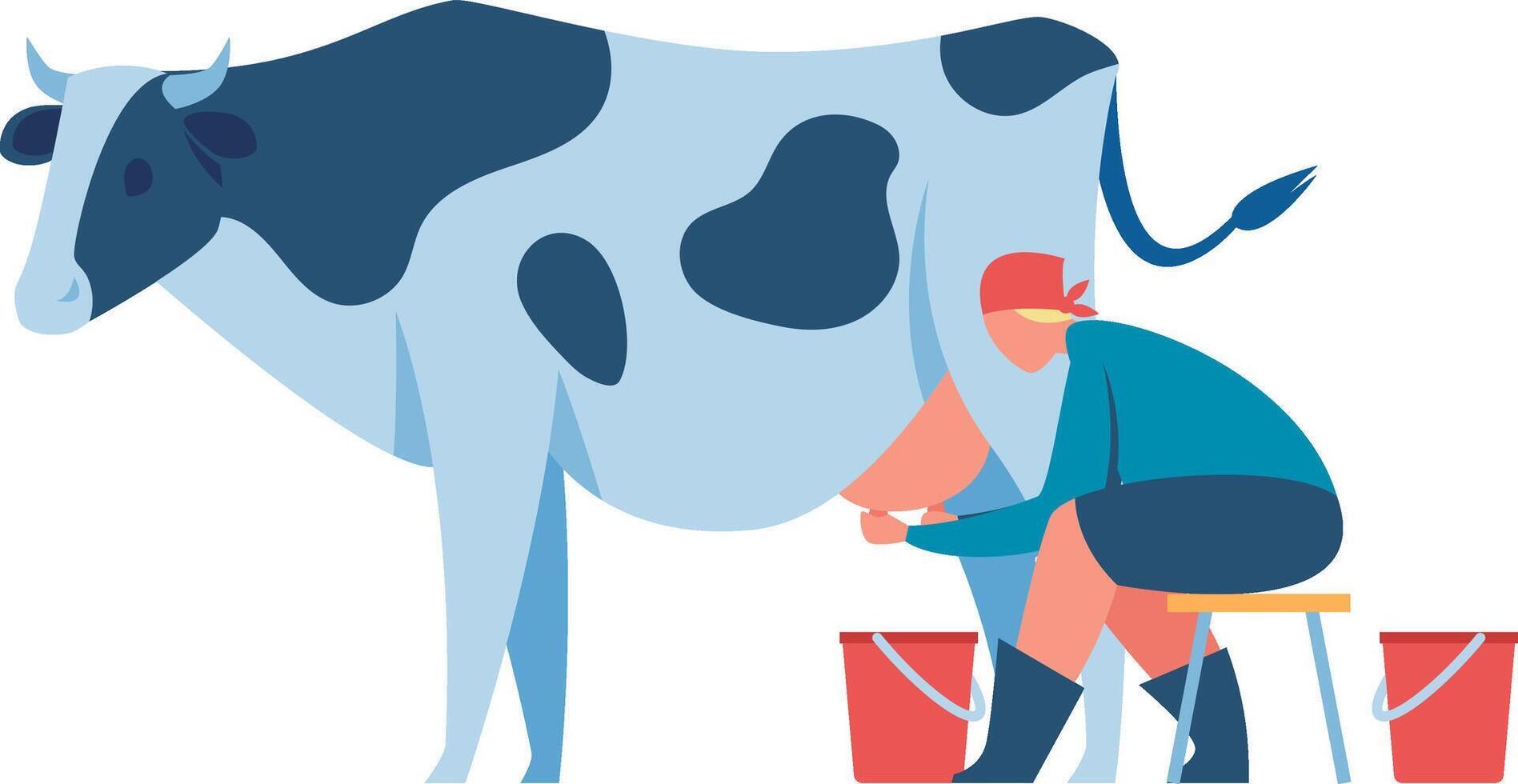 Farmer milking cow sitting on wooden stool with two red buckets, milkmaid working on farm, dairy products production, healthy nutrition concept, organic food illustration vector
