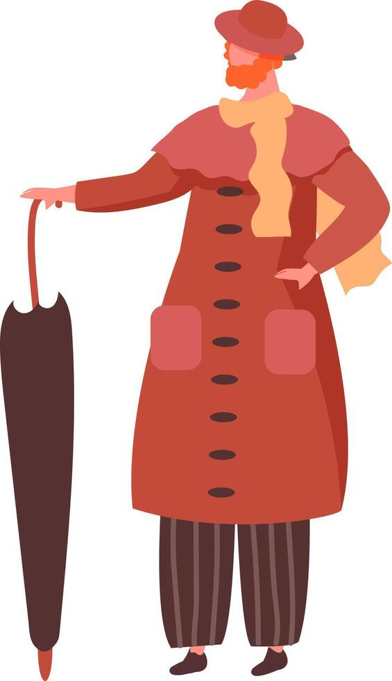 Redhead man wearing a stylish hat, cozy scarf, long coat, and striped trousers, holding a closed umbrella, showcasing autumn fashion in a full length portrait against a white background vector