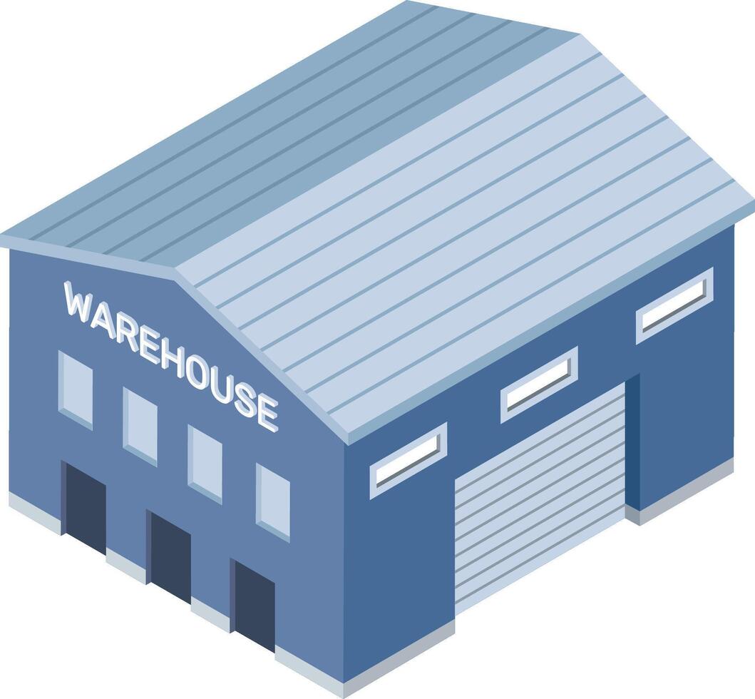 Isometric blue warehouse building featuring a loading dock and a metal roof, illustrating concepts of storage, logistics, industry, distribution, and commerce in a modern design vector