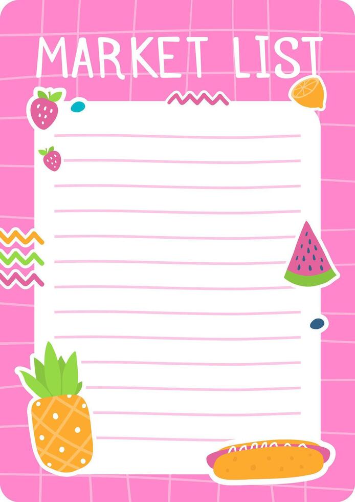 Empty market list template featuring adorable fruit and hot dog illustrations, waiting to be filled on a vibrant pink checkered background, perfect for grocery planning and summer meals vector