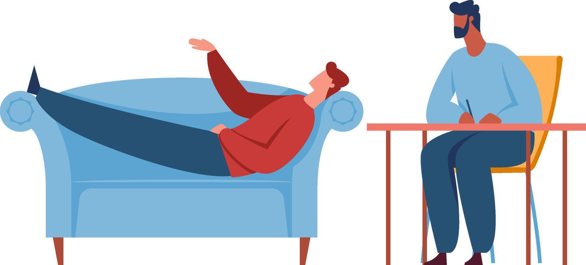 Psychologist taking notes while actively listening to a patient lying on the couch, discussing personal challenges during a focused therapy session aimed at fostering healing and support vector