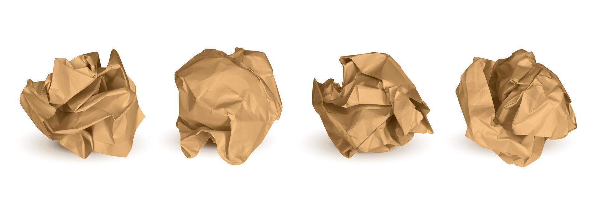 Realistic 3d crumpled paper balls. Cardboard garbage paper balls. Brown crumpled ball of used rubbish scrunched paper. Carton wrinkled crumple wads isolated set vector