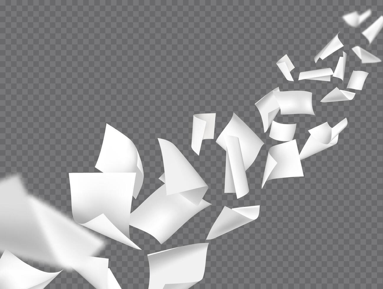 Curled paper sheet flying. Empty papers floating, 3D realistic throwing office A4 document, notebook pages with wind blow, scatter files in perspective. background vector