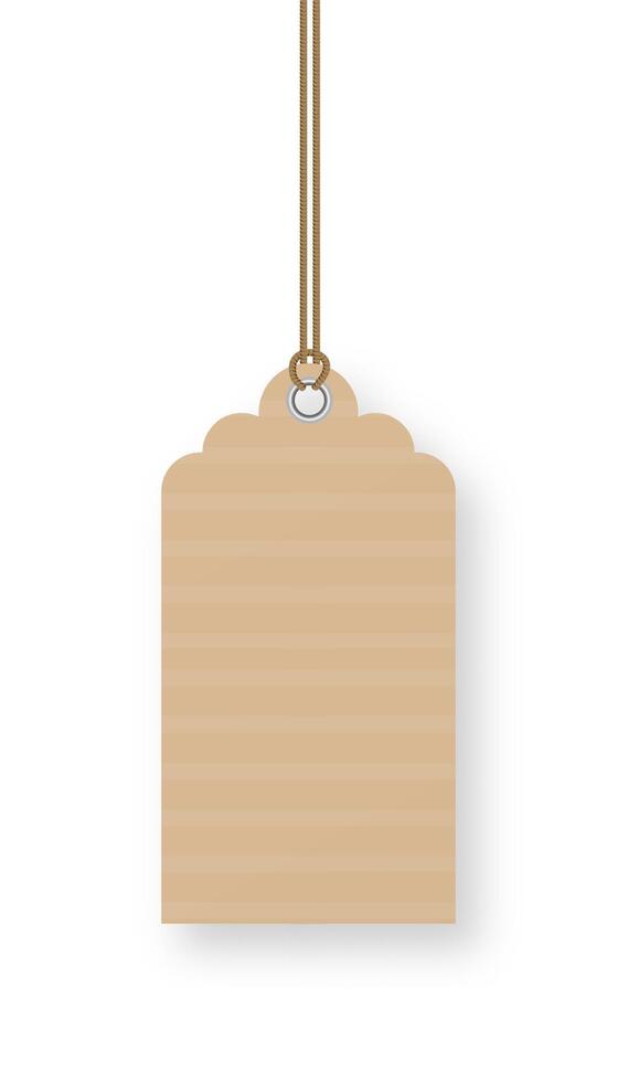 Blank beige cardboard price tag with smooth edges hanging from a knotted brown rope is isolated on a white background with a slight shadow underneath, giving a realistic and elegant feel vector