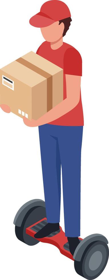 Delivery man wearing a red t shirt and cap, riding a red and black hoverboard while carrying a cardboard parcel, showcases modern logistics in an isometric view vector