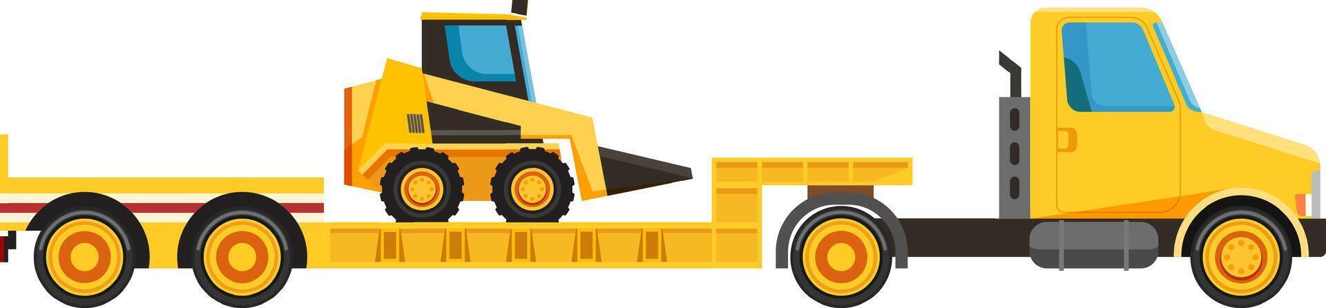 Yellow truck transporting heavy machinery on a lowboy trailer, illustrating essential construction logistics and efficient equipment transportation for various industrial applications vector