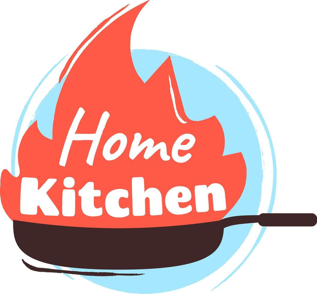 Home kitchen logo featuring a stylized fire dancing inside a frying pan, symbolizing the warmth of home cooking and the passion for culinary creativity and delicious meals vector