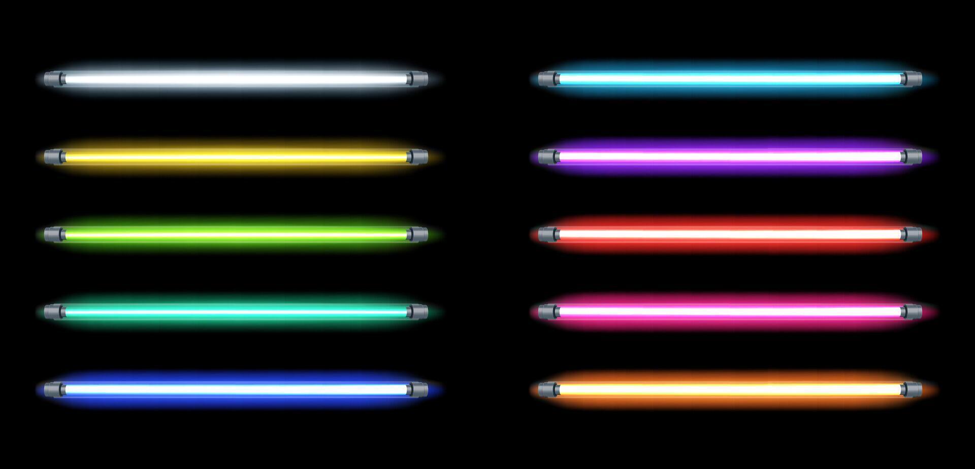 Neon led light. 3D realistic glowing fluorescent neon LED tubes in blue, red and green, pink and yellow, ultraviolet, wall electric light equipment. isolates set vector