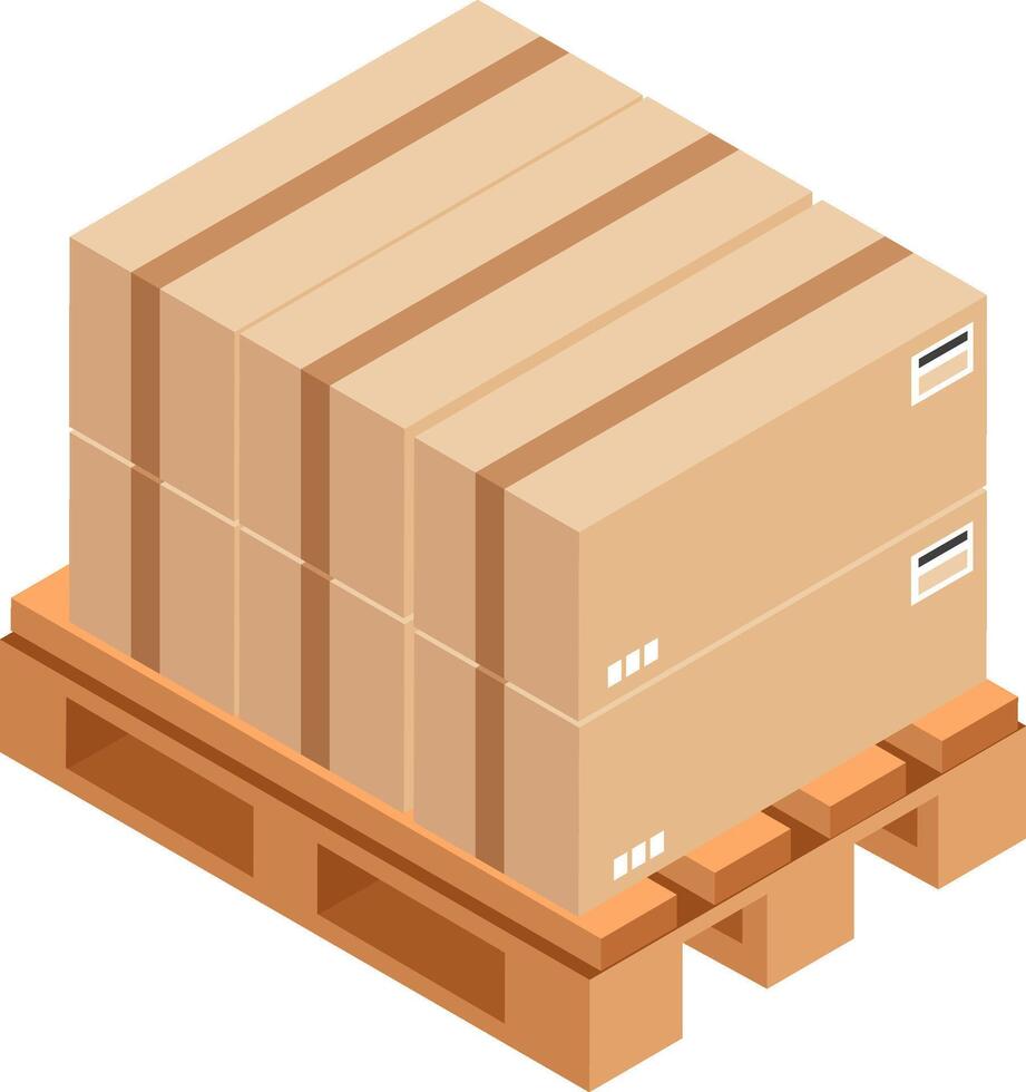 Isometric view of stacked cardboard boxes on a wooden pallet, symbolizing efficient storage, transportation, and the crucial role of logistics in supply chain management vector