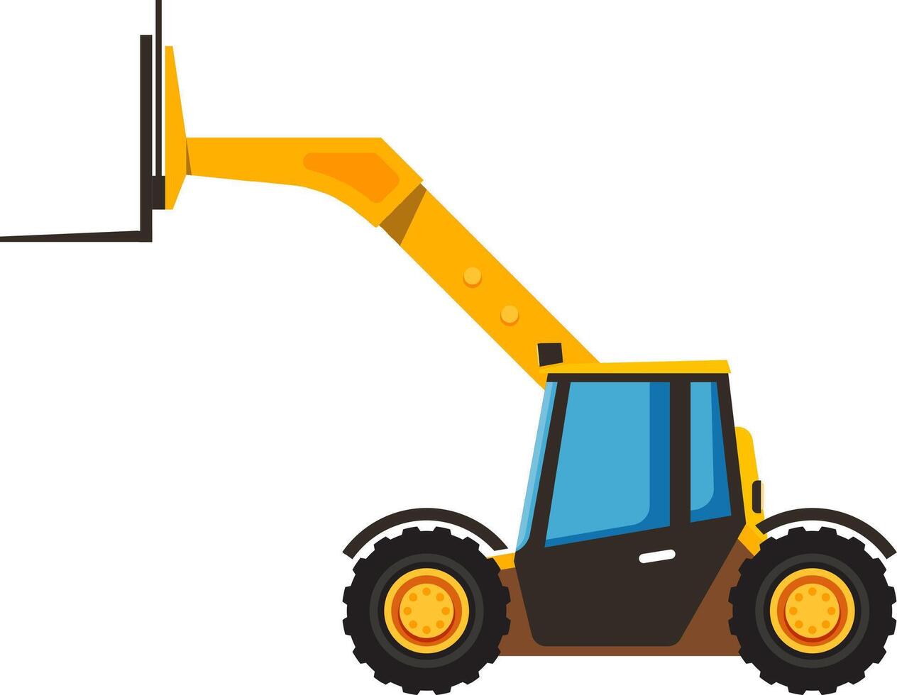 Telescopic handler with extended boom lifting forks, viewed from the side, isolated on white background, representing construction, industry, and material handling vector