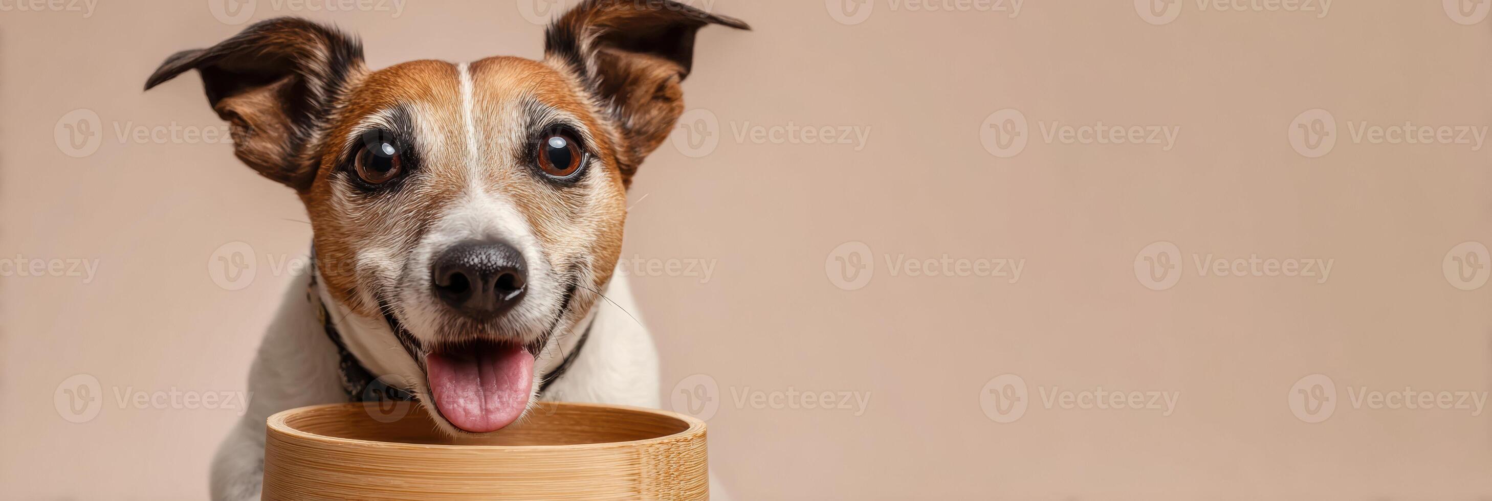 Happy Dog Enjoying Meal From Eco-Friendly Bamboo Bowl Against Soft Pastel Background photo