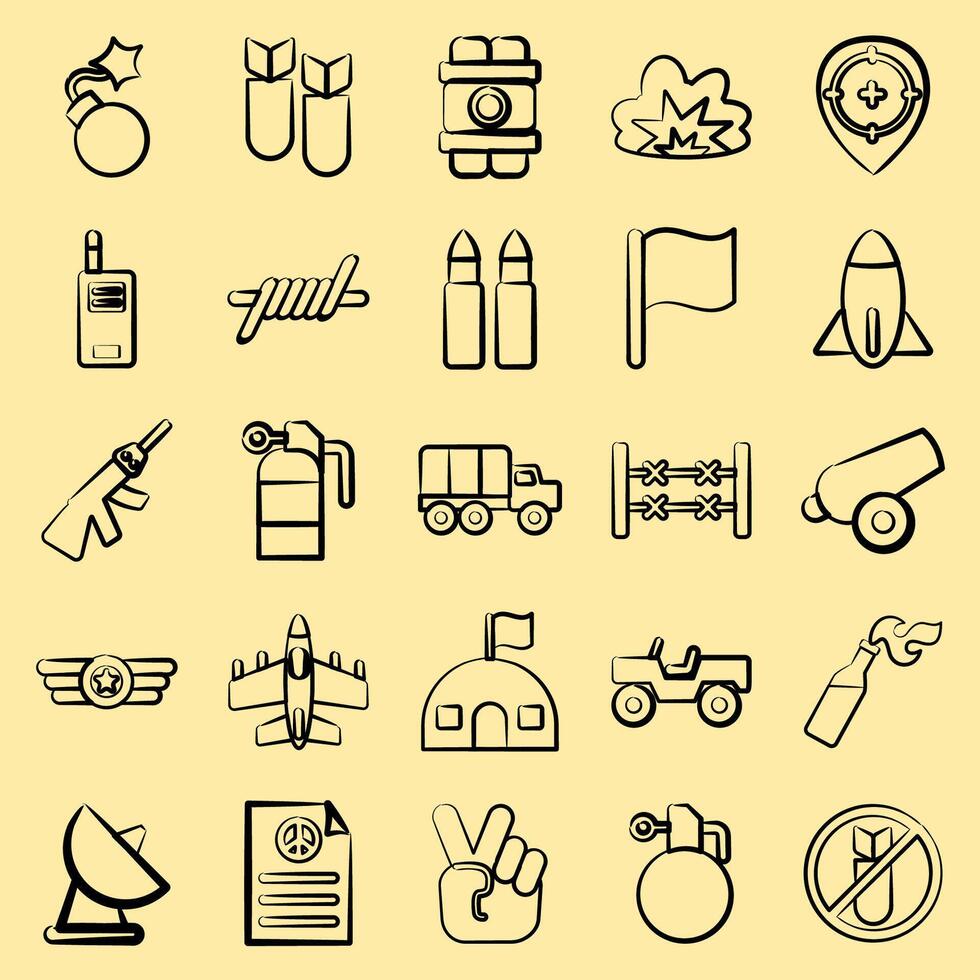 Icon set of war. Military and war elements. Icon in hand drawn style. vector