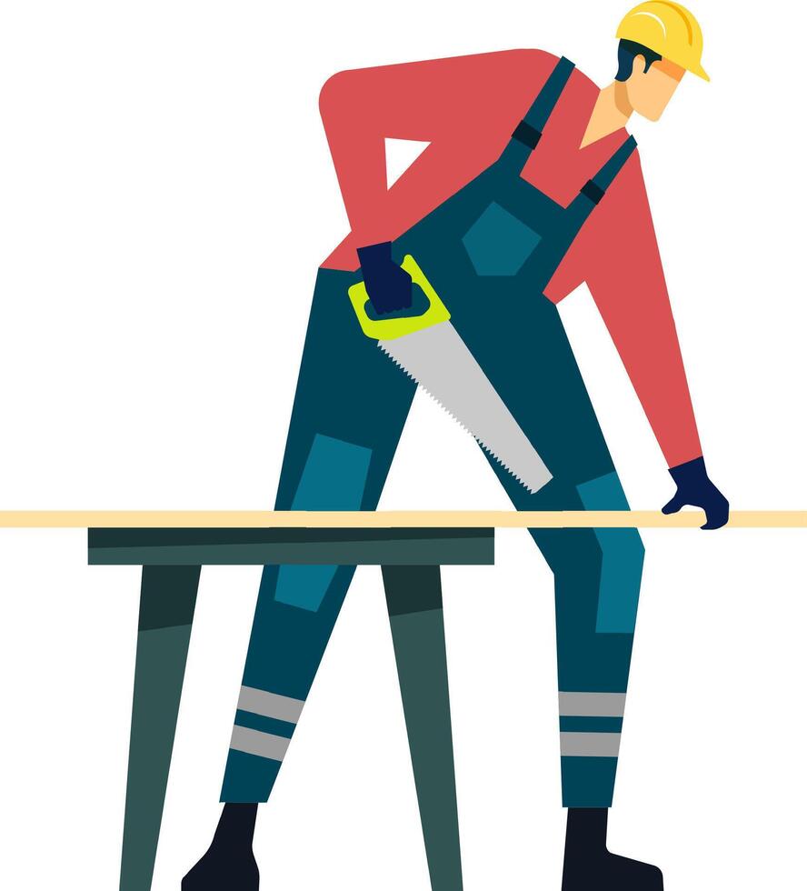 Carpenter in uniform and hardhat skillfully sawing a wooden plank on a workbench with a handsaw, embodying the essence of woodworking and carpentry in action vector