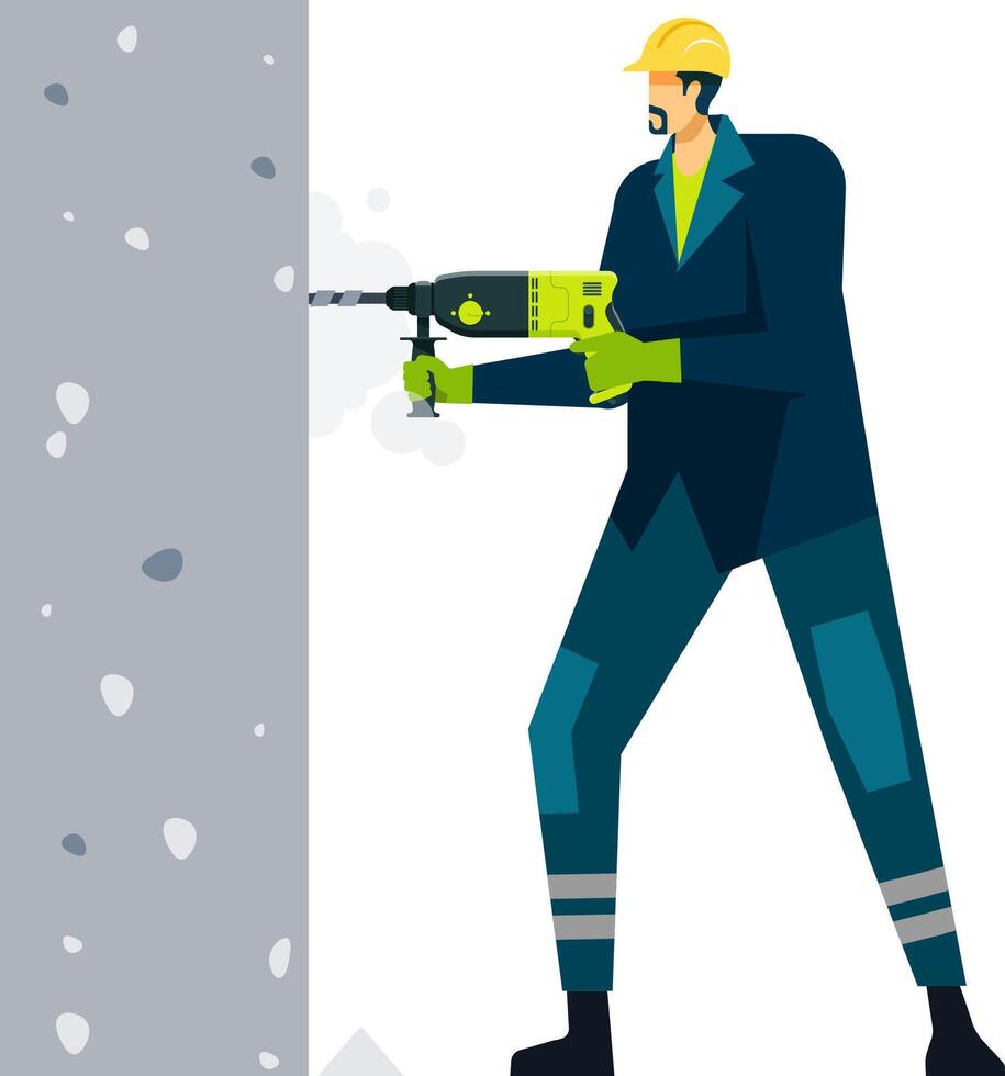 Construction worker wearing protective clothing and hardhat using a rotary hammer drill to make holes in a concrete wall, creating dust and debris during a building renovation or demolition project vector