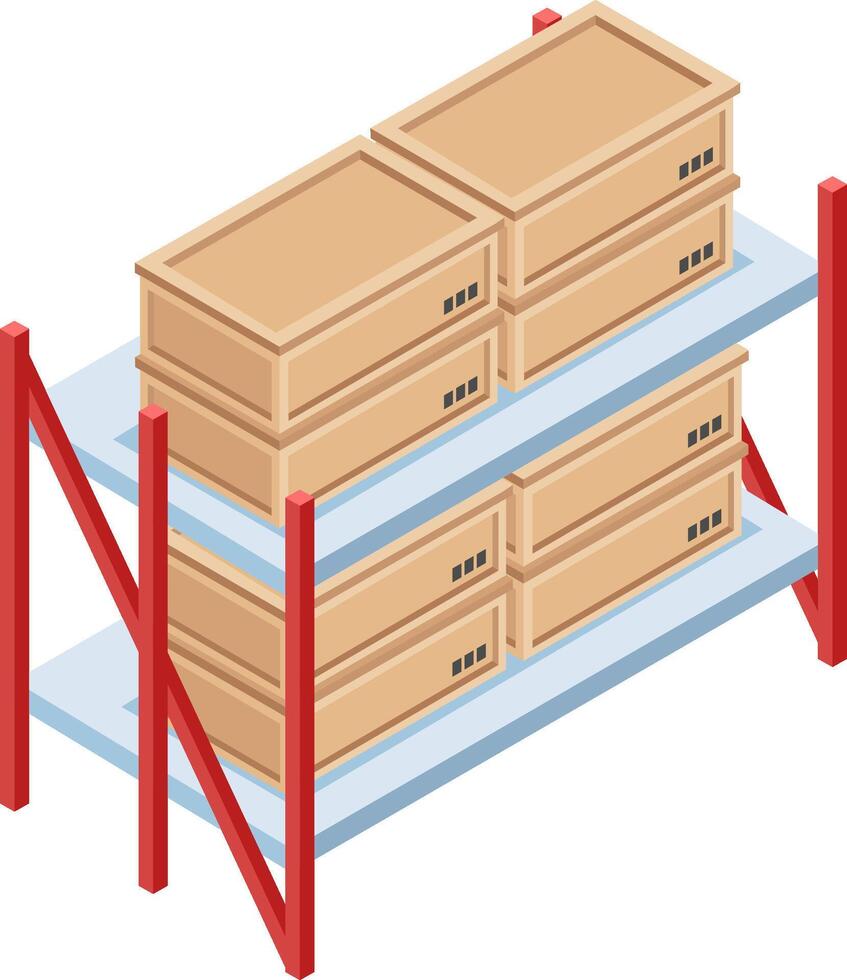 Metal shelves with cardboard boxes placed on two levels, symbolizing storage, logistics, and shipping in a warehouse environment, ensuring organized inventory management vector