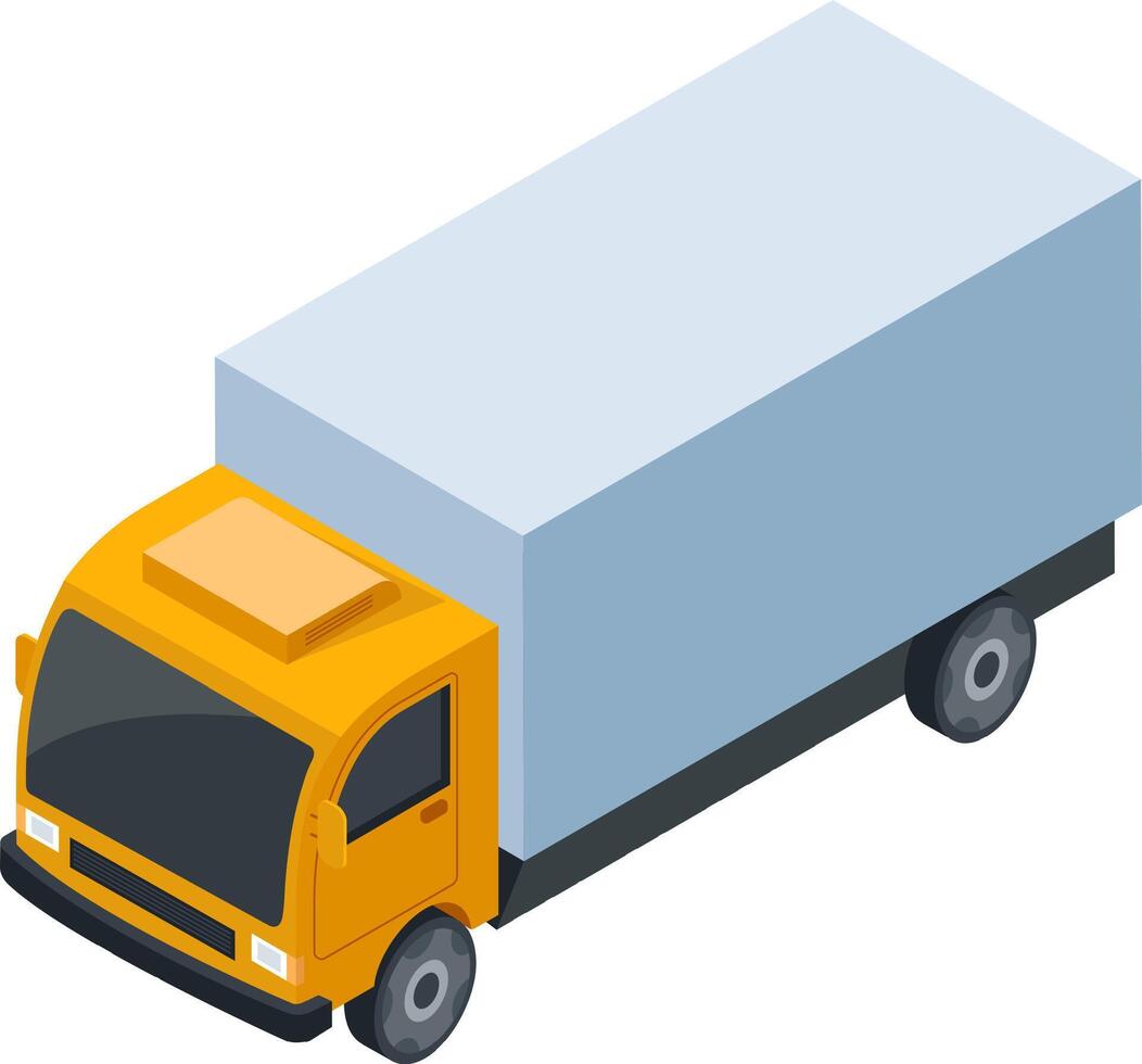 Small delivery truck transporting goods from an isometric perspective, emphasizing logistics and transportation concepts, perfect for illustrating shipping and distribution services vector