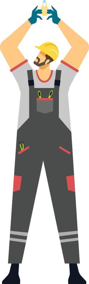 Electrician wearing overalls, safety gloves and hardhat holding a lightbulb with arms raised, promoting electrical safety and efficient lighting solutions for residential and commercial spaces vector