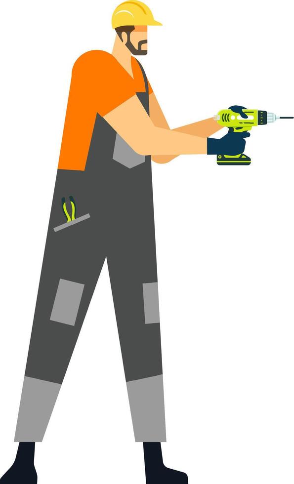 Construction worker wearing uniform and hardhat using cordless drill on white background, representing construction industry, home improvement, and skilled labor vector