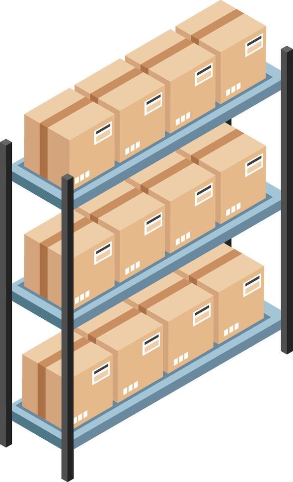 Cardboard boxes with labels standing on metal shelves forming rows in a warehouse, isometric view representing storage, logistics, inventory, distribution and shipping concepts vector