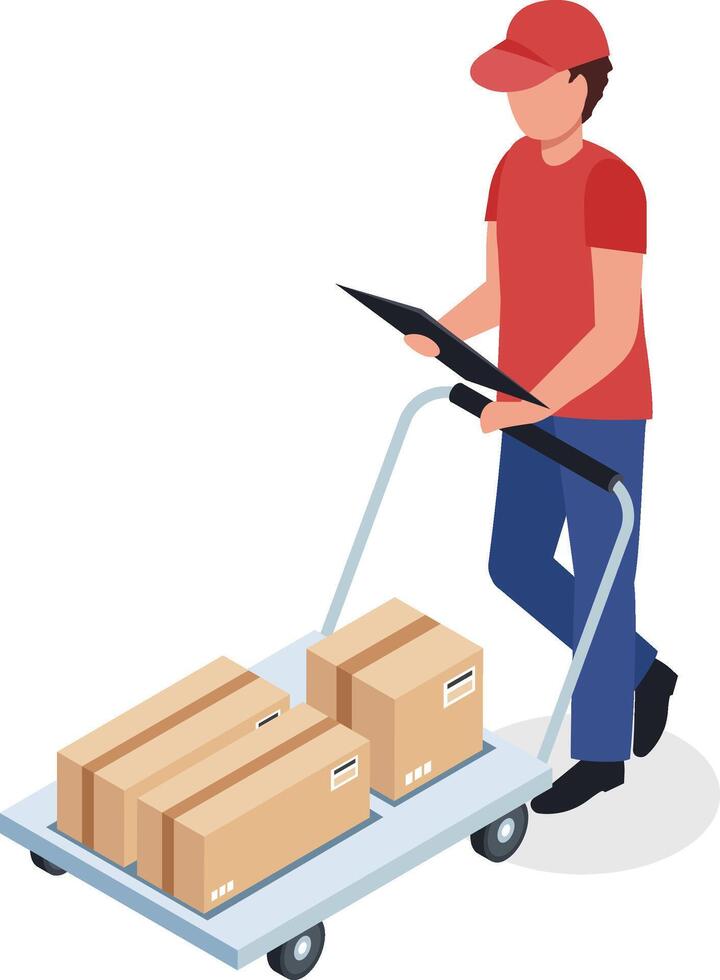 Delivery man wearing a red t shirt and cap is pushing a trolley with cardboard boxes containing goods and checking a tablet, shipping and logistics concept vector