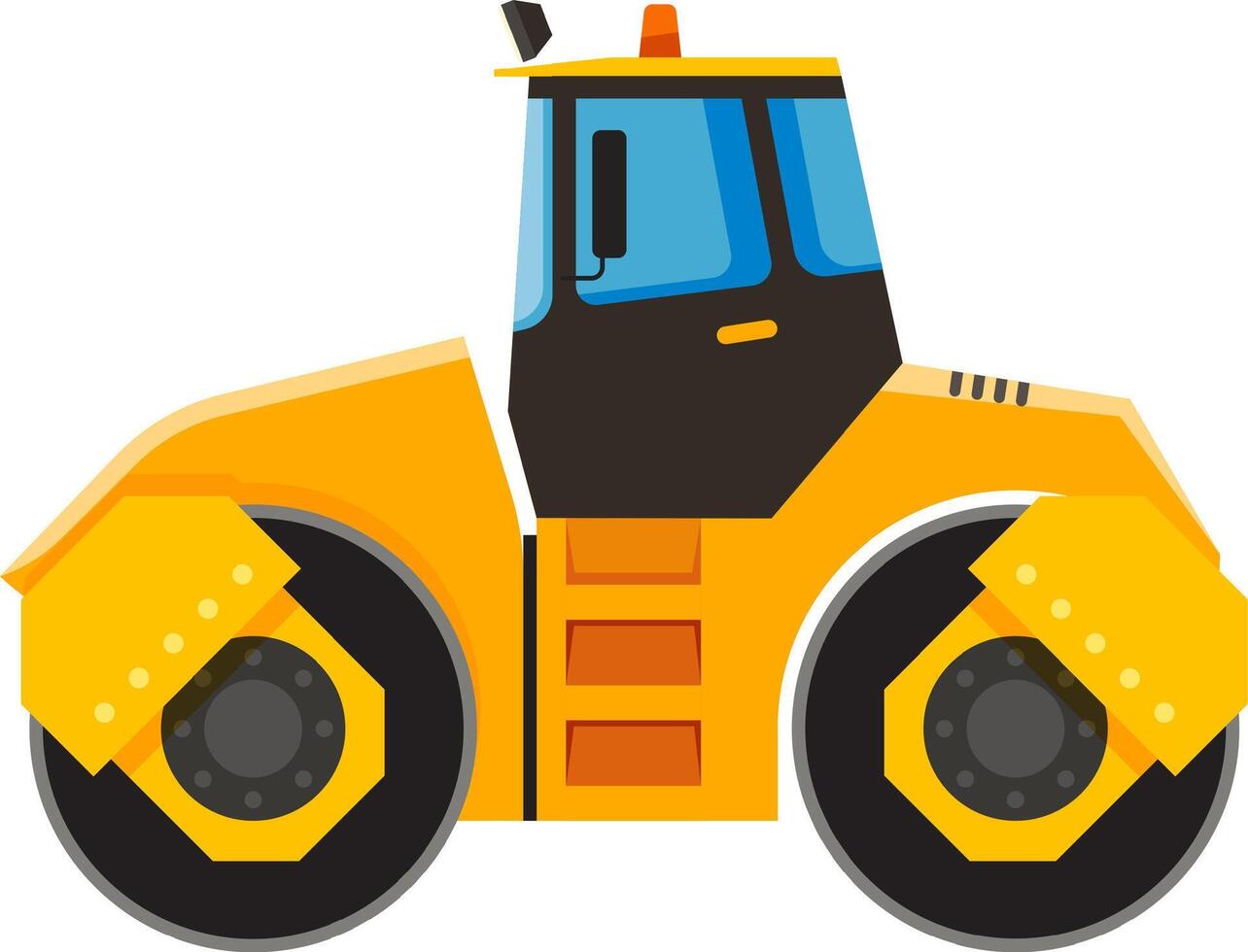 Cartoon road roller featuring two large wheels and a cabin with blue windows, compacting soil during road construction and contributing to the development of transportation infrastructure vector