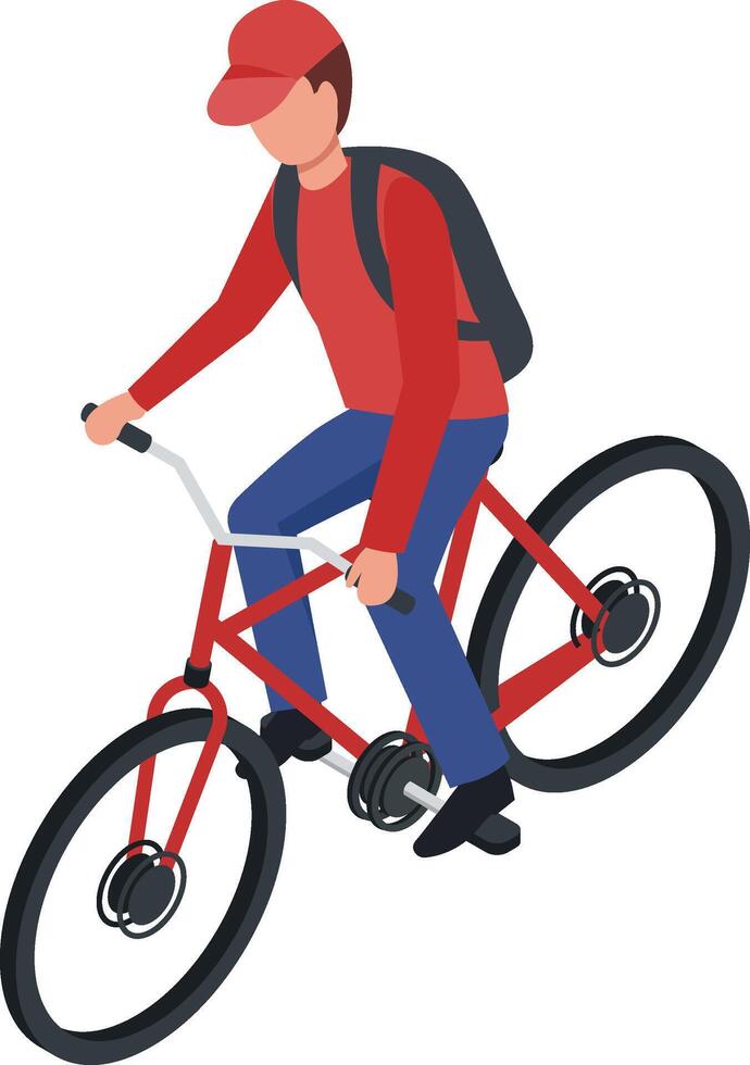 Delivery man wearing a red cap and shirt, riding a red bicycle while transporting takeout food in a backpack, captured in an isometric illustration style vector
