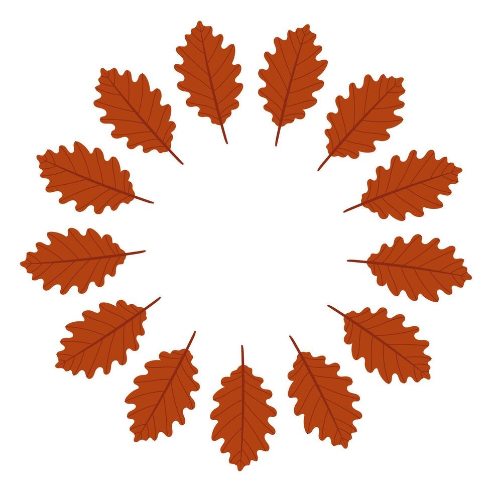 Autumn oak leaves circle frame. A circular frame made of briown leaves. Minimalist and clean flat design, perfect for autumn-themed compositions, greeting cards, or seasonal decorations. vector