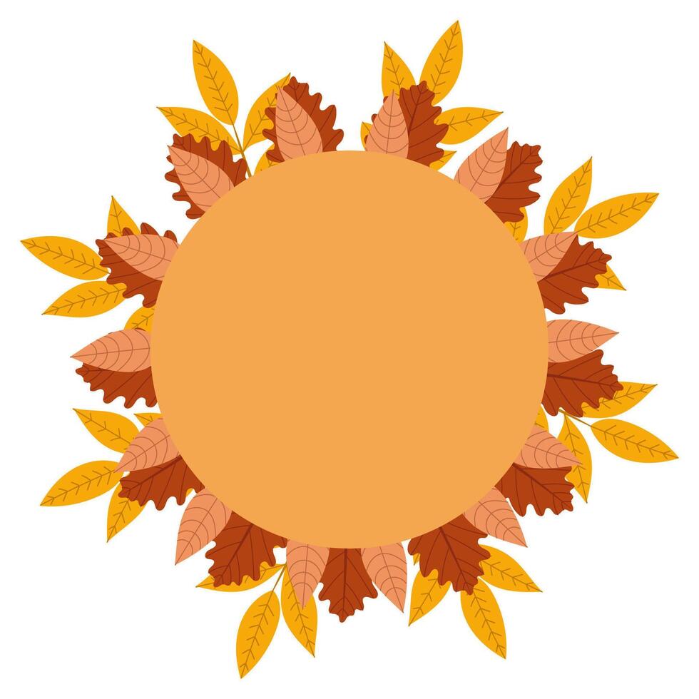 Autumn wreath illustration featuring a circular arrangement of colorful fall leaves in yellow, orange, and brown tones. Decorative seasonal design with warm, cozy vibe. vector