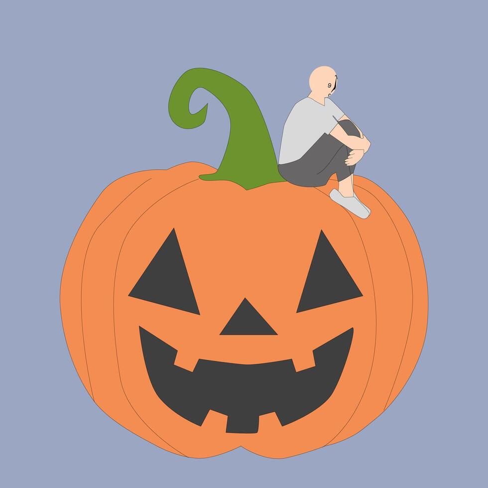man sitting on a yellow Pumpkin in warm natural autumn colors vector