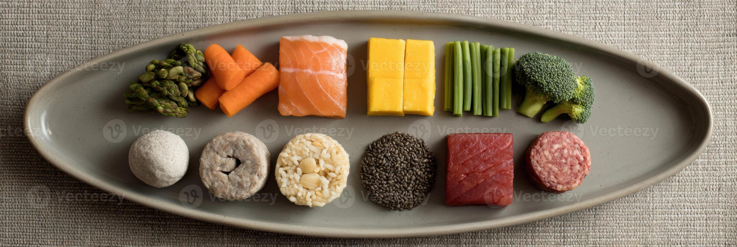Balanced Raw Food Meal for Pets Served on Minimalist Ceramic Plate Showcasing Various Ingredients Arranged Neatly photo