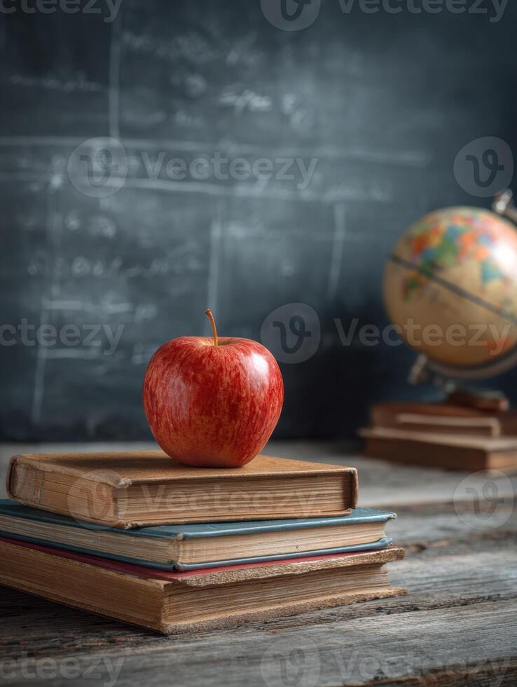 School Desk With Red Apple on Stack of Books and Chalkboard in Background photo