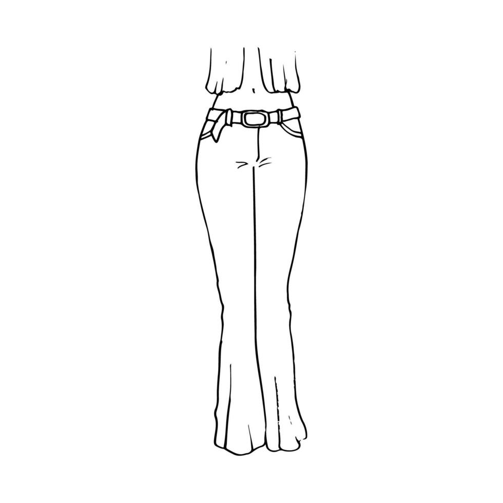 female body in boho jeans with belt - hand drawn line art drawing vector