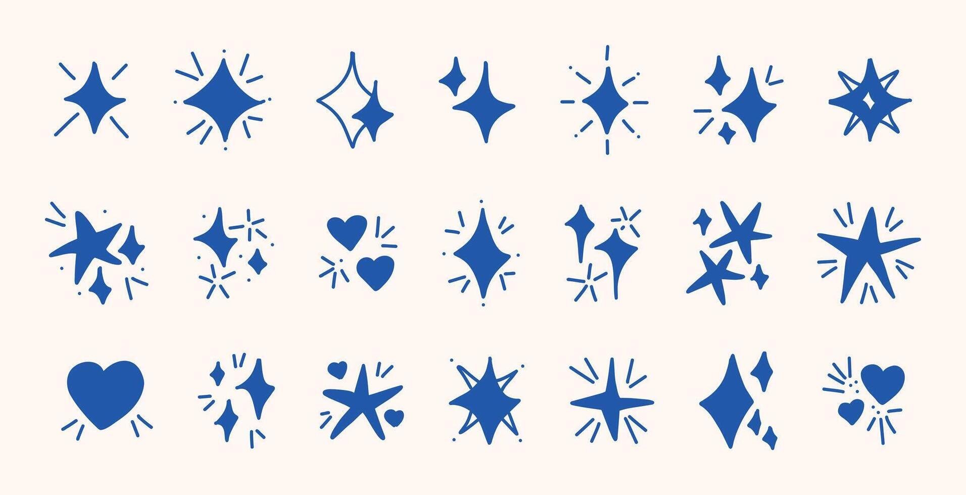 Bright blue doodle sparkles stars hearts hand drawn clipart for children illustration playful hand drawn design icon set minimal flat cute art whimsical decorative sketch elements isolated vector
