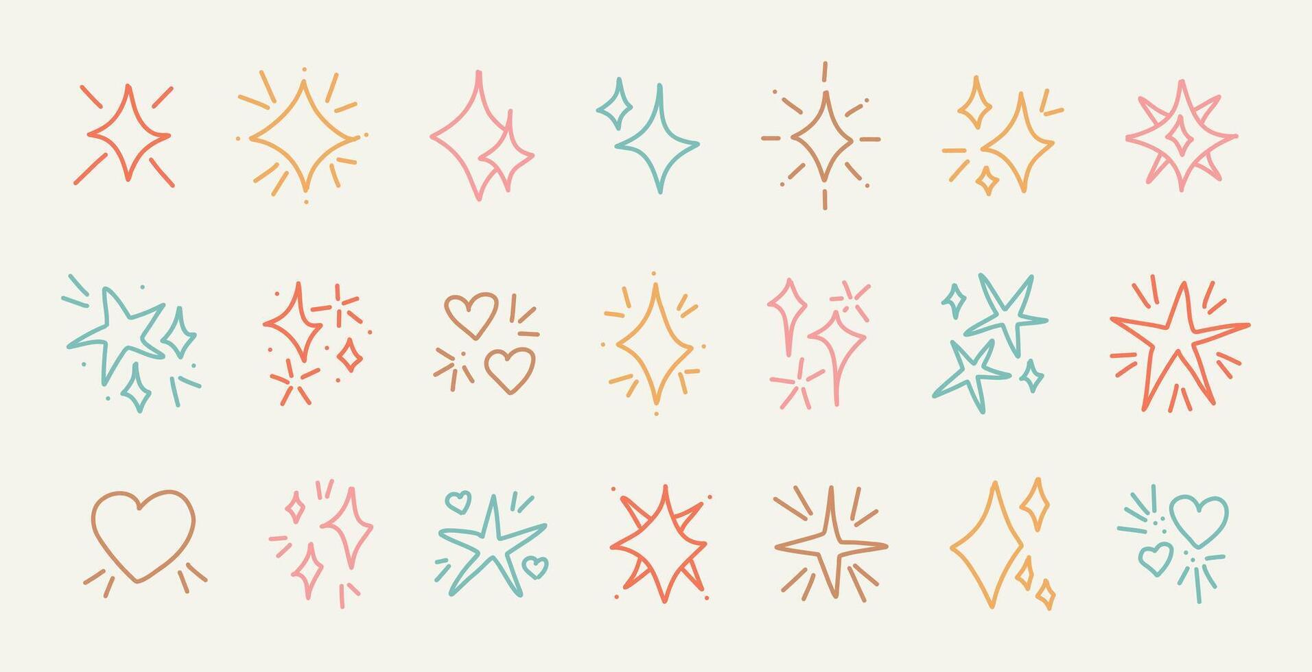 Cute hand drawn sparkle doodle icons in pastel tones on white background with stars hearts and shiny bursts for children design scrapbooking kawaii sticker element planner girly fun illustrations vector
