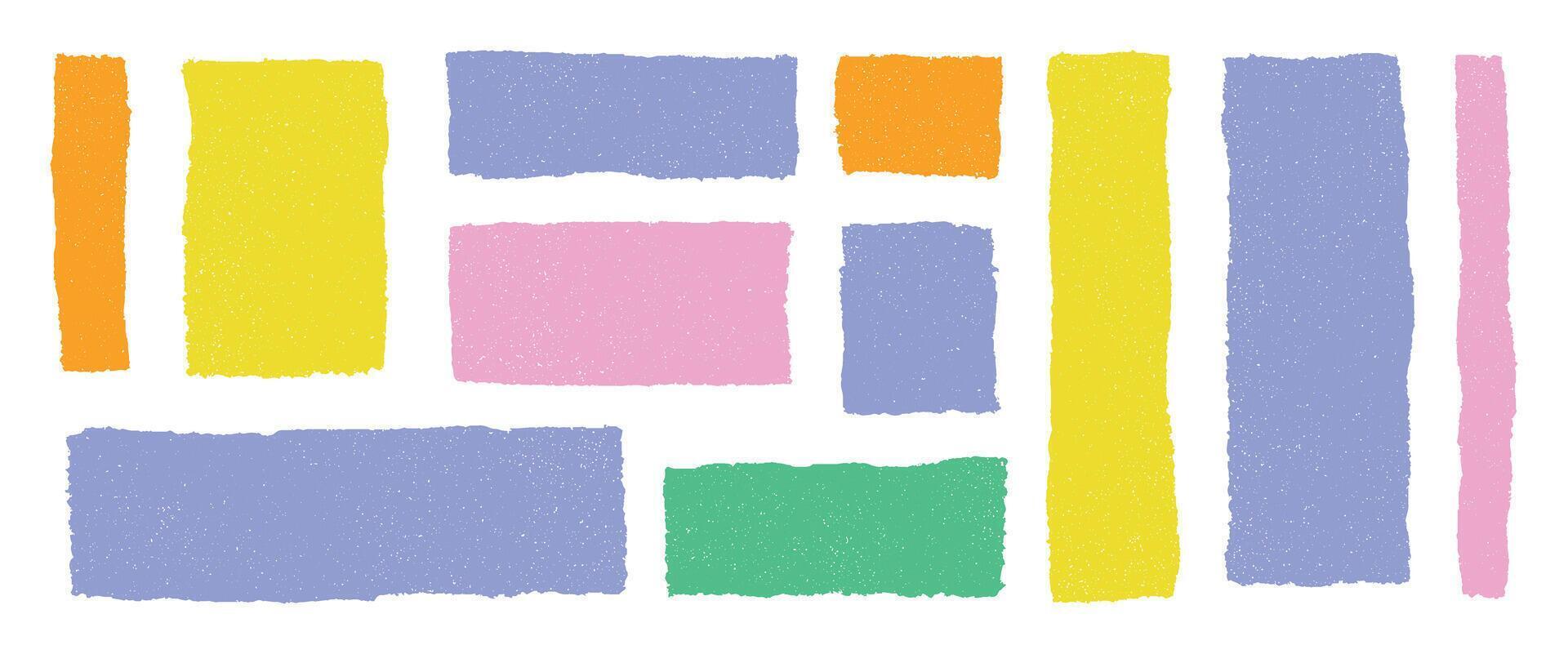 Colorful hand drawn crayon rectangles and squares with grunge texture. Abstract shapes, pastel sketch boxes, speech bubbles with rough edges on transparent background, artistic layout elements vector