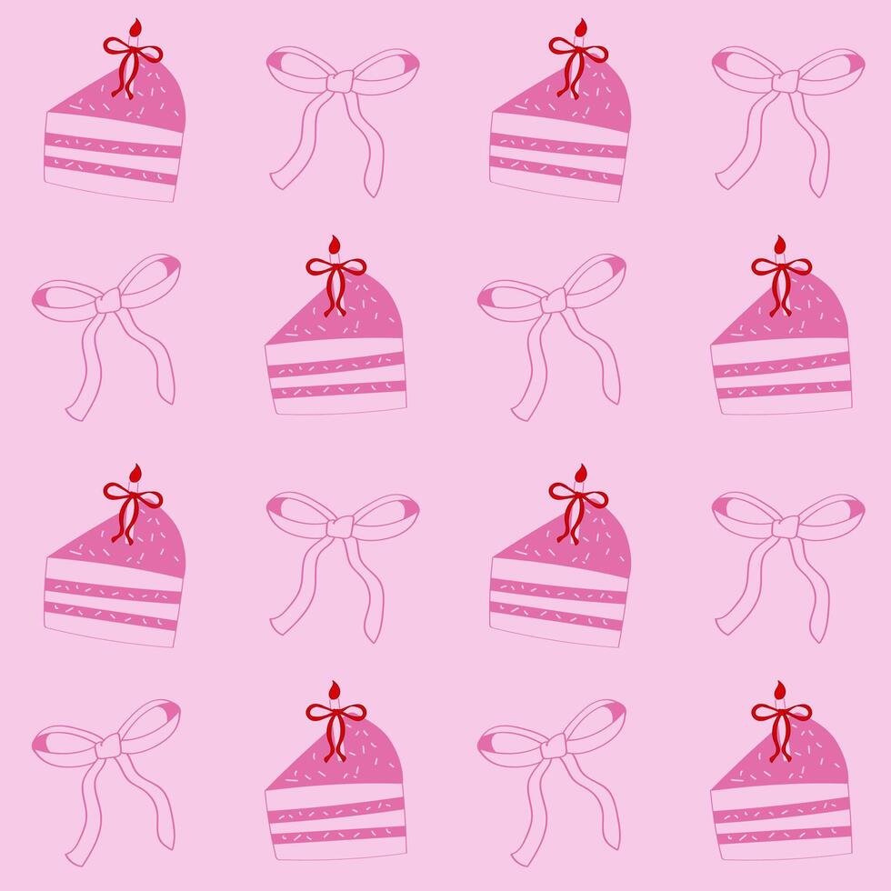 coquette pattern seamless pink ribbon bow and cake isolated on pink background vector