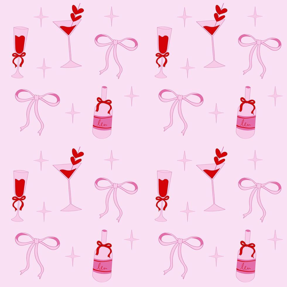 Cute coquette pattern seamless pink ribbon bow and wine isolated on pink background vector