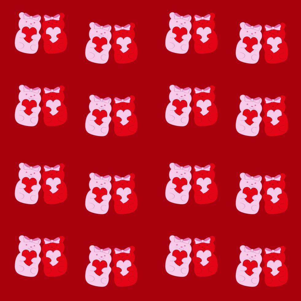 Cute coquette pattern seamless pink ribbon bow and Jelly bear isolated on red background vector