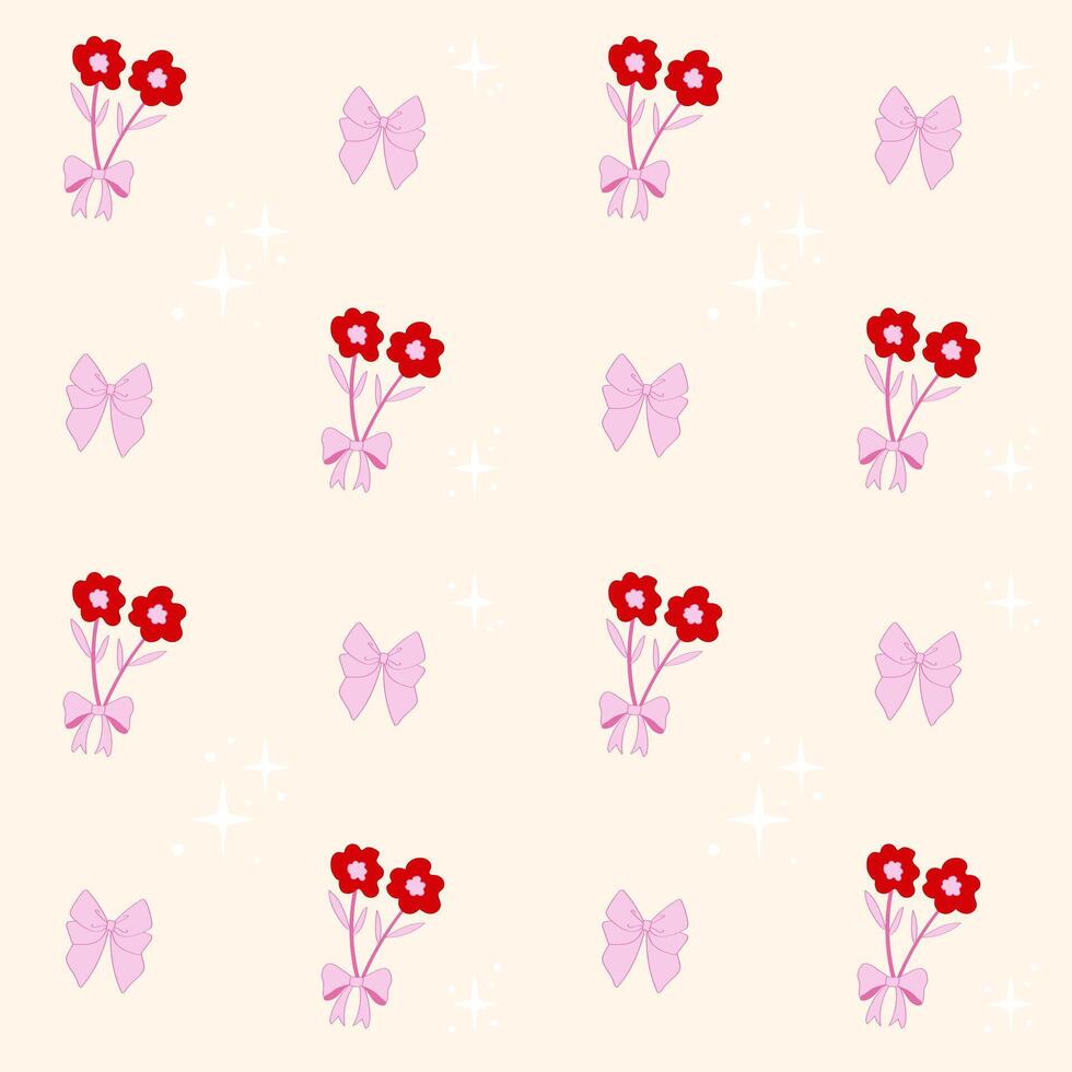 Cute coquette pattern seamless pink ribbon bow and Flower isolated on beige background vector