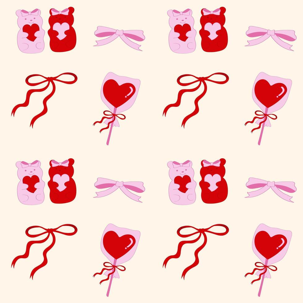 Cute coquette pattern seamless pink ribbon bow and Candy bear isolated on beige background vector