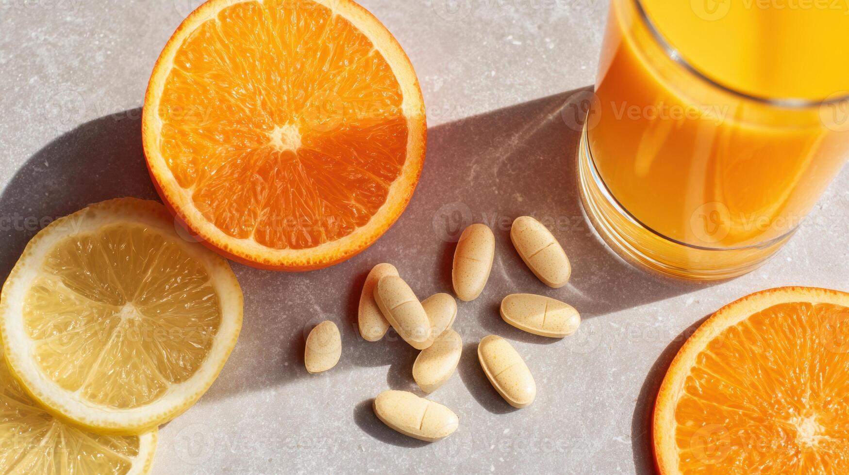 Bright Kitchen Layout With Vitamin C Pills Scattered Near Freshly Squeezed Orange Juice and Citrus Fruits Highlighting Health and Wellness photo