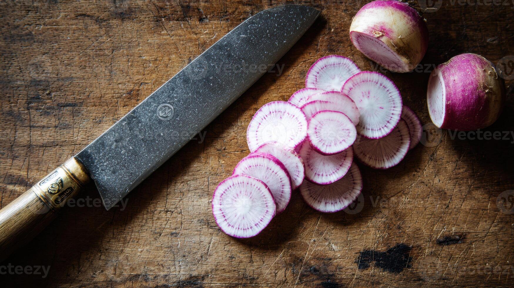 Sliced Radish on Wooden Surface With Knife Ready for Culinary Preparation photo