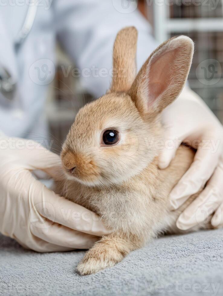 Vet Carefully Examines a Rabbit With Soft Gloves in a Warm, Inviting Clinic Environment Highlighting Animal Care photo