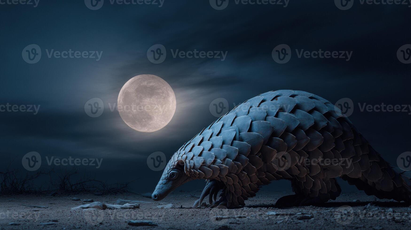 Pangolin Explores the Desert Landscape Under a Full Moon, Evoking a Sense of Mystery and Wonder in the Night photo