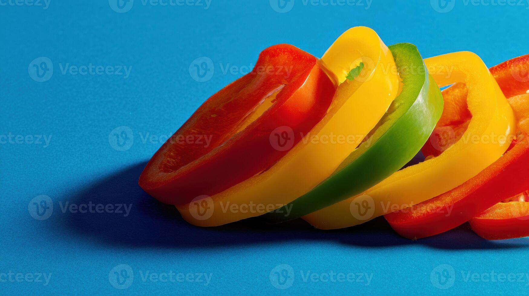 Sliced Bell Peppers Showcase Vibrant Colors on a Blue Background With Empty Space for Creative Use photo